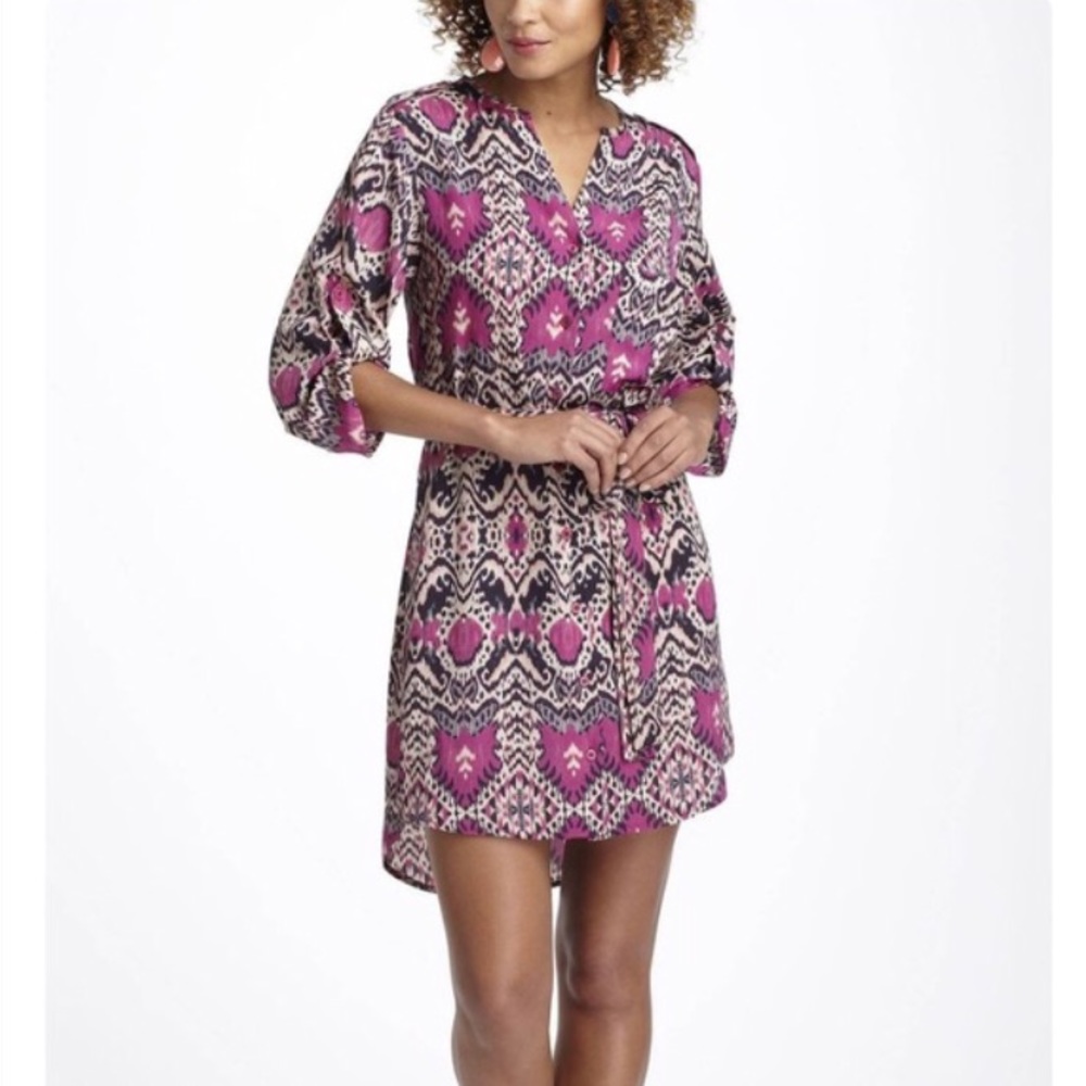 Anthropologie Pink and Black Ikat-Print Belted Shift Dress